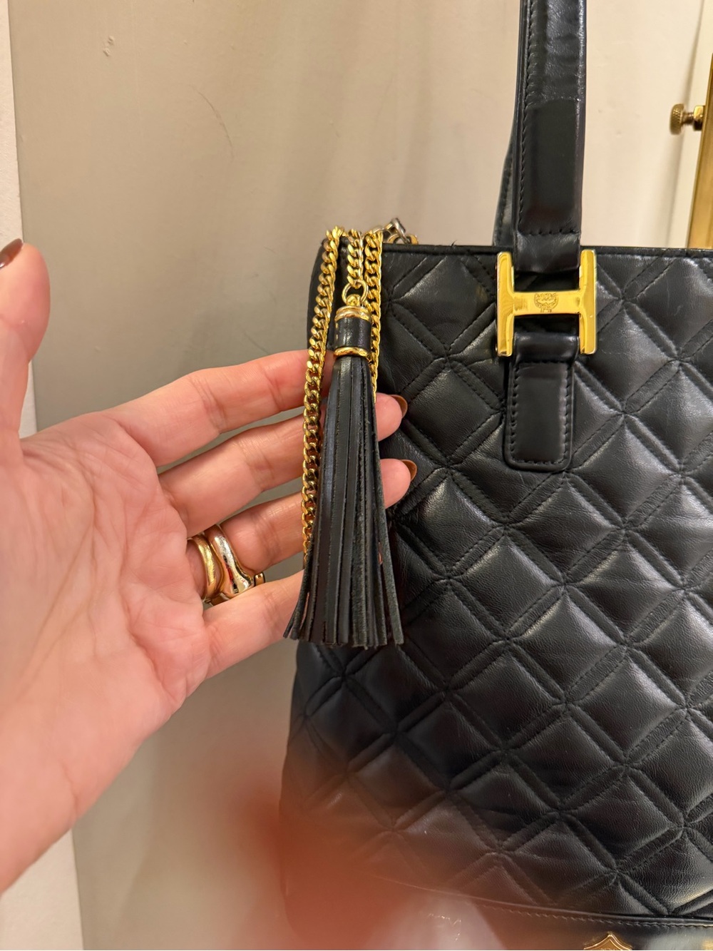 MCM EUC Black Quilted Leather Shoulder Bag with Gold Accents A4299 - Picture 6 of 16